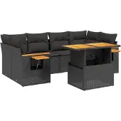 vidaXL 7-delige tuinmeubelset met kussens, zwart, polyrotan
