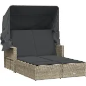 vidaXL Ligbed 2-persoons met luifel en kussens poly rattan lichtgrijs
