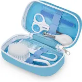 Akuku babyverzorgingsset voor pasgeboren kinderen roze/blauw 5-delig met nagelschaartje, nagelknipper, borstel, kam en nagelvijl in een klein etui blauw Blauw