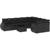 vidaXL 10-delige Loungeset met kussens poly rattan zwart