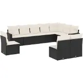 vidaXL 10-delige Loungeset met kussens poly rattan zwart