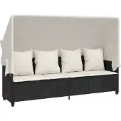 vidaXL Ligbed met luifel en kussens poly rattan zwart