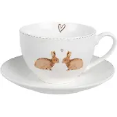 Clayre & Eef Kop en Schotel 250 ml Wit Bruin Porselein Wit