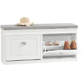 SoBuy Schoenenkast met 2 Kleppen en Zitkussen – Schoenenrek en Zitbank voor Hal of Entree – Wit – 104x52x24 cm