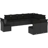vidaXL 10-delige Loungeset met kussens poly rattan zwart