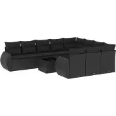 vidaXL 11-delige Loungeset met kussens poly rattan zwart