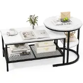 Costway Bijzettafel - Set van 2 - Marmerprint - Wit/ Zwart
