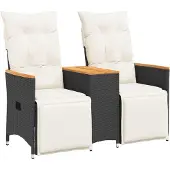 vidaXL Tuinset, 2-zits, verstelbaar met tafel, zwart, polyrotan