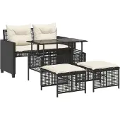 vidaXL 4-delige Loungeset met kussens poly rattan en glas zwart