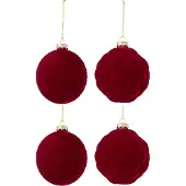 J-Line kerstbal - fluweel - rood - large - doos van 4