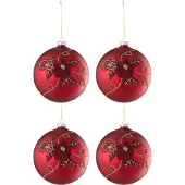 J-Line kerstbal Bloem - glas - rood - small - doos van 4