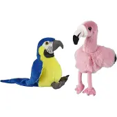 Ravensden - Knuffeldieren set papegaai/flamingo pluche knuffels 18 cm