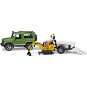 BRUDER Defender met trailer, JCB micro kraan en arbeider