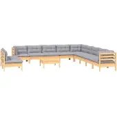 vidaXL 12-delige loungeset voor de tuin met grijze kussens, gemaakt van massief grenenhout