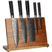 Shinrai Japan - Messenset met Blok - 5 delig - Koksmes - Mes - Hammered Damascus BR - Magnetisch Messenblok Enkelzijdig