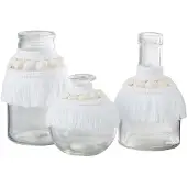 J-Line vaas Schelpen - glas/textiel - wit - large - 3 stuks - 14.5 cm hoog
