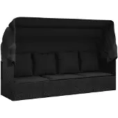 vidaXL Loungebed met luifel en kussens poly rattan zwart