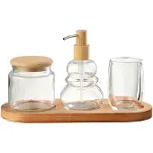 J-Line badkamerset - glas/hout - tansparant - 4 stuks