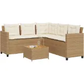 vidaXL Tuinbank met tafel en kussens L-vormig poly rattan beige