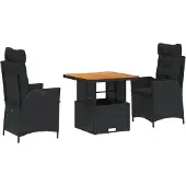 vidaXL 3-delige tuinset met kussens, zwart, polyrotan