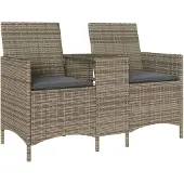 vidaXL Tuinbank 2-zits met tafel en kussens poly rattan grijs