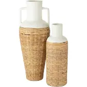 J-Line Vaas+Handvaten Geweven Terracotta/Ratan Wit/Naturel