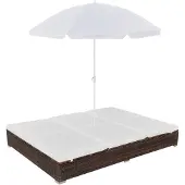 vidaXL Loungebed met parasol poly rattan bruin