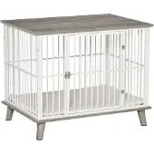 PawHut Paws Houten Hondenbench met Kussen 86 cm x 60 cm x 70 cm Hout Staal Wit + Grijs