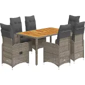 vidaXL 7-delige Bistroset met kussens poly rattan grijs