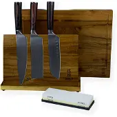 Shinrai Japan - 3-Delige Damast Print Messenset met Magnetisch Messenblok, Luxe Snijplank en Slijpsteen - Complete Set