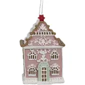 Clayre & Eef Kersthanger Gingerbread house 6x4x9 cm Roze Kunststof Kerstboomversiering Roze Kerstboomversiering
