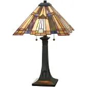 QUOIZEL Tiffany tafellamp Inglenook, brons / oud-messing, Woon-/ Eetkamer, metaal, Tiffany, tafellamp