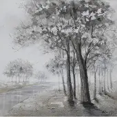 Karo-art Schilderij -Handgeschilderd - Oever met bomen , zwart wit 100x100cm