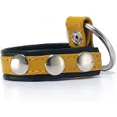 Black Label - Leren Cockstrap met Metalen Penisring - Zwart/Geel