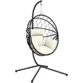 vidaXL Hangstoel, eivormig design, met standaard, beige, riet en staal