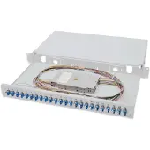 Digitus Professional DN-96332/9, uittrekbare glasvezel-splitsdoos, 1U, voorzien van 24x LC duplex connectoren, inclusief M25 schroefdraad, splitskassette met gekleurde OS2 pigtails, adapters