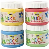 Mucki textiel vingerverf - 4 x 150 ml vingerverf voor textiel - kleuren geel, rood, blauw & groen