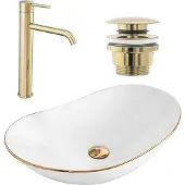 REA Royal Opzetwastafel White Wit + Wastafelkraan Lungo High Goud + Kurk Goud