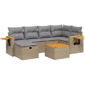 vidaXL 7-delige tuinmeubelset met kussens, beige, van polyrotan