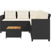 vidaXL Tuinbank met tafel en kussens L-vormig poly rattan zwart