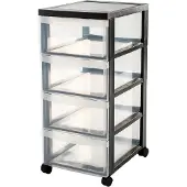 Iris Design Chest ladekast - 4 half diepe lades - 4x 11L - Kunststof - Zwart/Transparant - Met Wielen