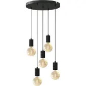 Calex Retro Plafondlamp - 5x E27 - Hanglamp Industrieel - Ø50cm Pendellamp Rond - Zwart