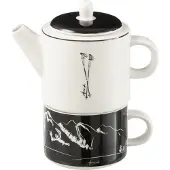 J-Line Theepot + Kop Raambox Keramiek Zwart/Wit