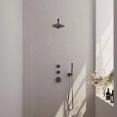 Brauer Gunmetal Edition thermostatische inbouw regendouche SET 15 met 20 cm douchekop en gebogen muurarm en staaf handdouche en doucheslang en geïntegreerde glijstang gunmetal geborsteld PVD