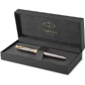Parker Sonnet-rollerballpen | grijze lak met gouden details | fijne roestvrijstalen punt | Zwarte inkt | geschenkverpakking
