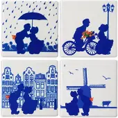 Heinen Delfts Blauw Onderzetters 'Kussend paar' Set van 4