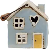 Clayre & Eef Waxinelichthouder Huis 16x11x15 cm Blauw Beige Keramiek Theelichthouder Blauw Theelichthouder