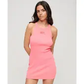 Superdry Dames Roze geborduurde geribde jurk met olympische rug (L), Casual, Mouwloos / spaghettibandjes, Biologisch katoen W8011595A