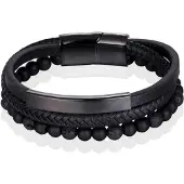 Memphis Heren armband Agaat kraal gevlochten leer Zwart - 19cm