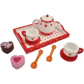 Gerkimex - Houten theeservies hartjes en stip op recht dienblad - Kinderservies - Speelservies